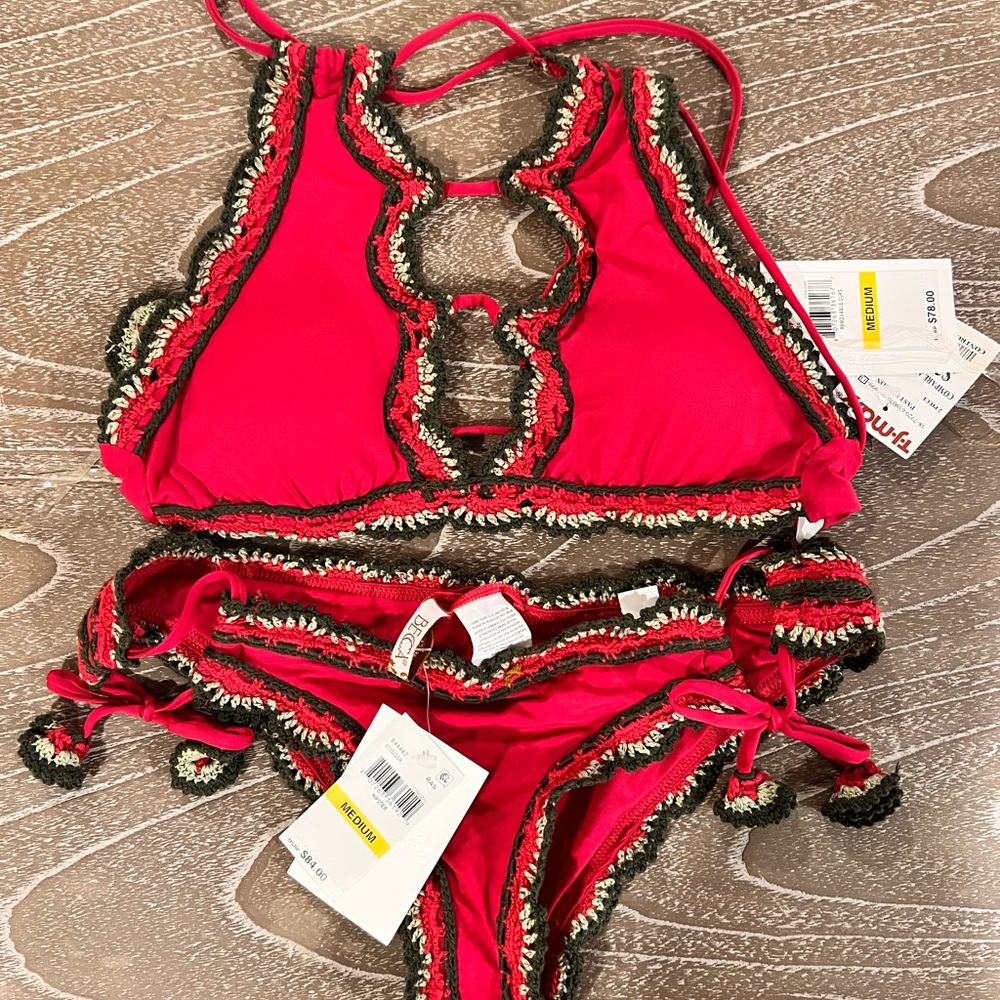 BECCA Pink and Green Crochet Trim Bikini Bottom